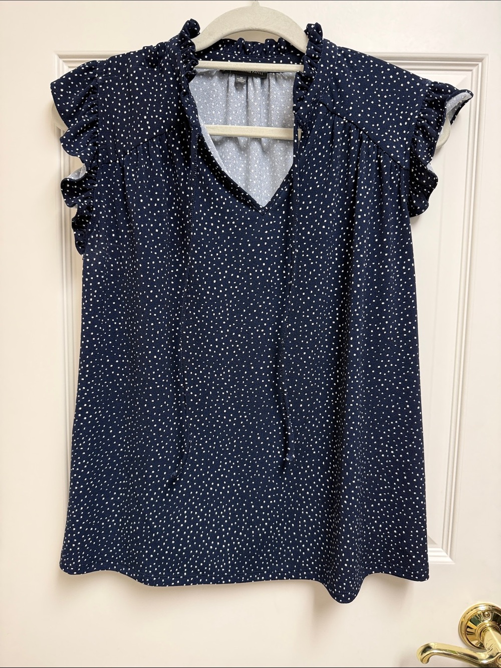 Adrianna Papell Navy with White Dot Ruffle Sleeve V-Neck Blouse